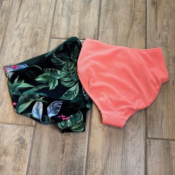Kona Sol Peach Tropical Floral High Waist Bikini Swimsuit Bathing Bottoms Small - Picture 2 of 6